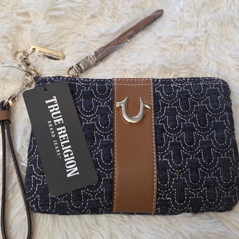 True Religion Navy Denim Wristlet with Brown Trim
